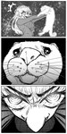 ambiguous_gender breasts close-up clothed clothing eyebrows female feral fur hair larger_female larger_human open_mouth size_difference smaller_ambiguous smaller_feral tongue topwear whiskers nhim domestic_cat felid feline felis human mammal absurd_res comic hi_res monochrome