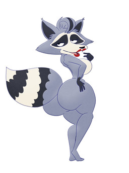 anthro big_butt breasts butt countershading facial_markings featureless_breasts female fur gloves_(marking) grey_body grey_fur hair hand_on_hip hand_on_own_hip head_markings lipstick makeup markings mask_(marking) mature_female nude presenting presenting_hindquarters red_lipstick ring_(marking) ringed_tail seductive simple_background solo striped_markings striped_tail stripes tail tail_markings white_background white_body white_countershading maxtlat mating_season_(series) gina_(mating_season) mammal procyonid raccoon 2026 3:4 colored digital_drawing_(artwork) digital_media_(artwork) hi_res