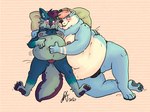 4:3 anthro bear belly belly_overhang belly_rub blue_body blue_fur blush canid canine canis clothed clothing cuddling embarrassed fur hair hand_on_belly hi_res jockstrap jockstrap_only male mammal mutual_weight_gain nipples obese obese_anthro obese_male overweight overweight_anthro overweight_male pillow pink_hair purple_hair raccoonkind series_(disambiguation) small_clothing topless toza underwear underwear_only weight_gain wolf yukon