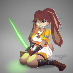 3_toes anthro barefoot blue_eyes breasts brown_body brown_fur brown_hair clothing eyebrow_through_hair eyebrows eyelashes feet female fur green_lightsaber hair lightsaber long_ears melee_weapon neck_tuft paws plantigrade ponytail scut_tail short_tail sitting solo suggestive tail tan_body tan_fur tan_hair toes translucent translucent_hair tuft wariza weapon bepysxd star_wars star_wars_visions lop_(star_wars_visions) lagomorph lepi leporid mammal rabbit 1:1 2025 animated short_playtime sound video