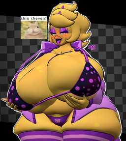 anthro big_breasts big_butt bra breasts butt clothing curvy_figure female half-closed_eyes hand_on_breast huge_breasts huge_butt jacket looking_at_viewer narrowed_eyes panties smug_face solo thick_thighs tongue tongue_out topwear underwear voluptuous voluptuous_anthro voluptuous_female wide_hips yellow_body snoozehh cryptiacurves_(modeler) 67_(meme) fazclaire's_nightclub five_nights_at_freddy's fredina's_nightclub scottgames chica_(fnaf) chiku_(cryptiacurves) avian bird chicken galliform phasianid 3d_(artwork) digital_media_(artwork) hi_res source_filmmaker_(artwork)