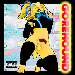 anthro bottomless breasts clothed clothing crop_top cyberlox gas_mask genital_piercing genitals gynomorph hoodie intersex kneeling legwear looking_at_viewer mask parental_advisory_sticker penis piercing presenting presenting_balls presenting_penis shirt simple_background small_breasts solo text thigh_highs topwear cecildeatrio gorehound microsoft microsoft_windows windows_95 bird_dog canid canine canis domestic_dog golden_retriever hunting_dog mammal retriever 1:1 absurd_res album_cover cover english_text hi_res