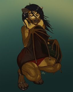 claws clothing cross crouching dress ear_piercing evening female footwear hair high_heels inverted_cross looking_at_viewer membrane_(anatomy) membranous_wings piercing shoes simple_background wings lord_magicpants bat flying_fox mammal megabat spectacled_flying_fox hi_res