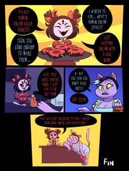 anthro black_hair breasts cleavage clothed clothing dessert dialogue doughnut duo female food fur hair open_mouth open_smile pastry purple_body purple_fur smile suggestive_dialogue text wide_eyed steeckykees undertale undertale_(series) catty_cattenheimer muffet arachnid arthropod domestic_cat felid feline felis mammal spider 3:4 comic english_text hi_res