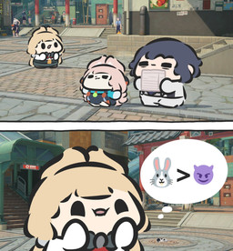 3d_background anthro blonde_hair blue_hair chibi dot_eyes emoji female female_anthro female_humanoid group hair holding_object holding_paper long_hair male male_human outside paper pink_hair short_hair simple_eyes size_difference smaller_anthro smaller_female smile smug thought_bubble tired trio superappleman mihoyo zenless_zone_zero alice_thymefield damian_blackwood zhao animal_humanoid human humanoid lagomorph lagomorph_humanoid leporid leporid_humanoid mammal mammal_humanoid rabbit rabbit_humanoid thiren 2koma comic digital_drawing_(artwork) digital_media_(artwork) hi_res