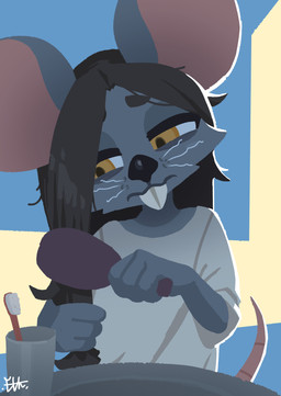 anthro biped brush brushing brushing_hair clothed clothed_anthro clothed_female clothing female fingers front_view fur hair personal_grooming shirt solo standing styling_hair tail teeth topwear whiskers el-k ratricia_(el-k) mammal mouse murid murine rodent 2026 absurd_res digital_drawing_(artwork) digital_media_(artwork) hi_res