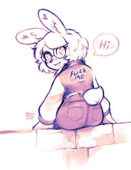 anthro butt clothing dialogue eyewear female glasses hair looking_at_viewer open_mouth round_glasses short_hair sitting smile solo tail text text_on_clothing bestfriendforever besty_(character) lagomorph leporid mammal rabbit 2025 absurd_res digital_media_(artwork) english_text hi_res nonbinary_(lore)