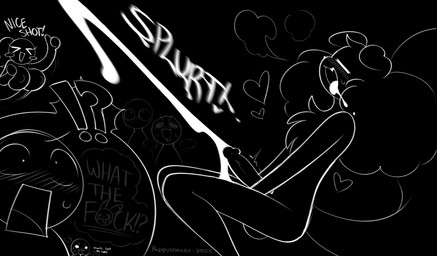 >_< anthro aroused balls being_watched big_balls big_penis black_background black_body black_fur blush bodily_fluids breasts chest_tuft cum cumshot drooling ejaculation eyes_closed fur genital_fluids genitals group heart_symbol humanoid_genitalia humanoid_penis looking_at_another looking_pleasured masturbation onomatopoeia open_:3 open_mouth orgasm penile penile_masturbation penis reaction_shot saliva simple_background solo sound_effects spiral spiral_eyes text tuft puppysnackz puppysnackz_(character) canid canine canis domestic_dog mammal 2025 english_text hi_res monochrome