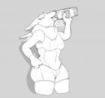 absurd_res anthro arms_bent bandai_namco bottle bottomwear bra breasts canid canine clothed clothing container digimon digimon_(species) digital_drawing_(artwork) digital_media_(artwork) drinking eyes_closed female fur greyscale hand_on_hip hand_on_own_hip hi_res holding_bottle holding_container holding_object mammal midriff milk milk_bottle milk_container monochrome onomatopoeia portrait raised_arm raised_hand renamon shorts simple_background solo sound_effects sports_bra strikeanywhere text three-quarter_portrait touching_hip touching_own_hip underwear wide_hips