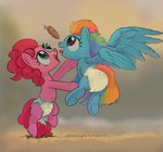 adult_baby clothed clothing diaper duo female flying looking_up on_hind_legs open_mouth outside pinecone playing smile tongue wearing_diaper asdfasfasda friendship_is_magic hasbro my_little_pony pampers pinkie_pie_(mlp) rainbow_dash_(mlp) equid equine horse mammal pony hi_res