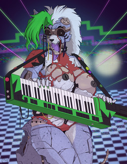 anthro black_nose blue_body blue_fur breasts broken_jaw clothing ear_piercing ear_ring exposed_breasts eyeless female fur green_highlights grey_hair hair highlights_(coloring) keyboard_instrument keytar machine musical_instrument nipples piercing pose ring_piercing solo synthwave teeth tongue torn_clothing yawg five_nights_at_freddy's five_nights_at_freddy's:_security_breach scottgames steel_wool_studios roxanne_wolf shattered_roxanne_wolf animatronic canid canine canis mammal robot robot_anthro wolf 2022 digital_media_(artwork) hi_res pinup signature