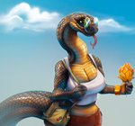 anthro big_breasts bottomwear breasts cleavage clothed clothing cloud eyewear female food forked_tongue fruit glasses holding_food holding_object long_neck looking_at_viewer mango_(fruit) non-mammal_breasts outside pants plant purse scales shirt sky smile solo tail tank_top tongue tongue_out topwear fivel reptile scalie snake hi_res