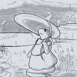 ambiguous_gender anthro clothing cloud dress grass lily_pad plant pond rain_drops raining tree dawnsjunk aquatic fish 1:1 2024 black_and_white hi_res monochrome sketch