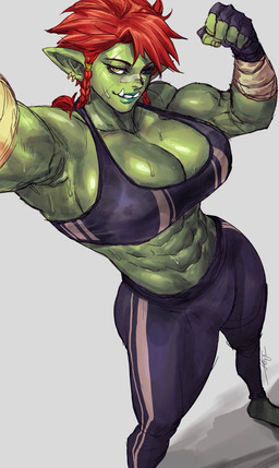 abs bandage bandage_on_face bandage_on_nose biceps big_breasts bodily_fluids bottomwear bra breasts cleavage clothed clothing ear_piercing female flexing green_body green_skin hair huge_breasts humanoid_pointy_ears muscular muscular_female muscular_humanoid not_furry pants piercing pointy_ears red_hair solo sports_bra sweat tusks underwear yellow_eyes virgoart humanoid orc 2023 hi_res