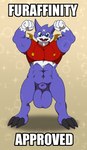 4_fingers abs animal_genitalia anthro balls biceps big_balls blue_eyes bottomless bottomless_male claws clothed clothing fingers genitals huge_balls humor male muscular muscular_anthro muscular_male pecs purple_balls purple_body purple_sheath satire sheath solo text toe_claws vorechestra bandai_namco digimon furaffinity upload_policy_2.7 digimon_(species) gumdramon 2023 absurd_res english_text hi_res impact_(font)