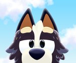 anthro blue_body blue_fur cheek_tuft cloud detailed_background facial_tuft fluffy fur grey_body grey_fur grumpy head_tuft looking_at_viewer male sky skyscape solo tuft white_body white_fur tsukipaw bluey_(series) bob_heeler australian_cattle_dog canid canine canis cattledog domestic_dog herding_dog mammal pastoral_dog hi_res shaded