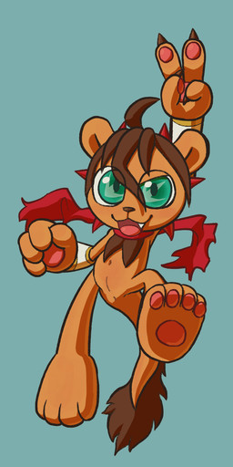 anal animal_genitalia anthro armor big_feet big_hands chibi cloaca feet genitals gesture green_eyes hand_gesture horn huge_feet huge_hands looking_at_viewer male mane navel paws scarf simple_background smile solo teeth v_sign young foulex foulex_(character) felid hybrid lion mammal pantherine absurd_res hi_res