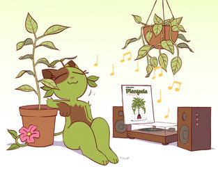 ambiguous_gender anthro barefoot biped eyelashes eyes_closed feet flower flower_tail gloves_(marking) gradient_background leaf leaf_tail leaf_whiskers leaves_on_body markings musical_note musical_symbol pink_flower plant plant_pot record record_player simple_background smile solo speaker sprout_(plant) symbol tail vinyl_record silly2tilly mort_garson plantasia domestic_cat felid feline felis mammal hi_res signature