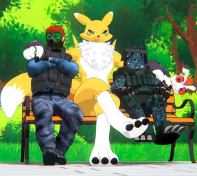 3_fingers 3_fingers_gloves ambiguous_gender anime_style anthro armor armwear backpack bad_tagging_award balaclava bench biped black_claws black_clothing black_gloves black_handwear black_nose black_sclera blue_bottomwear blue_clothing blue_eyes blue_jacket blue_pants blue_topwear boots bottomwear breasts bridal_gauntlets bulletproof_vest camo camo_skin claws clothing countershade_torso countershading crossed_legs digitigrade eyewear fangs female fingers footwear free_use fur gas_mask glasses gloves grass green_eyes group hair hand_on_shoulder handwear headgear helmet holding_another jacket knee_pads leg_markings leg_on_thigh long_ears looking_at_viewer male markings mask modelling neck_tuft night_vision nude on_bench orange_hair outline pants pavement peek plant purple_clothing purple_markings red_hair relaxing shadow shoes short sitting sitting_on_bench size_difference sleeping smile smirk tail teeth tinted_glasses tomoe_(symbol) toony topwear trio tuft wearing_glasses white_body white_claws white_fur white_hands yellow_body yellow_fur scuzz_missile bandai_namco digimon toei_animation commandramon digimon_(species) gomamon human mammal renamon 3d_(artwork) absurd_res digital_media_(artwork) hi_res