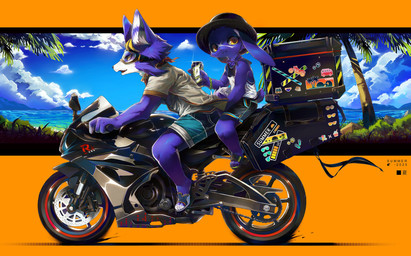 anthro beach beverage_can blonde_hair blue_body blue_fur bottomwear bracelet clothing duo eyewear fangs floppy_ears footwear fur goggles hair hat headgear headwear jewelry kerchief lop_ears male male/male motorcycle multicolored_body multicolored_fur palm_tree plant purple_body purple_fur sandals scar sea shirt shoes shorts sky sticker suitcase summer t-shirt tail tank_top teeth topwear tree two_tone_body two_tone_fur vehicle water yellow_eyes 66r7412023 caravan_stories adrias_bloodyfang magugra_briolasta canid canine canis gessy lagomorph leporid mammal rabbit wolf 2026 absurd_res hi_res