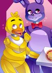 anthro bib bow_tie container duo female food heart_symbol holding_food holding_object long_ears looking_aside looking_up machine male multicolored_body open_mouth open_smile pink_eyes pizza pizza_box purple_body purple_eyes raised_arm smile yellow_body e-c98 five_nights_at_freddy's scottgames bonnie_(fnaf) chica_(fnaf) animatronic avian bird chicken galliform gallus_(genus) lagomorph leporid mammal phasianid rabbit robot 2015 better_version_at_source hi_res irreplaceable_bvas unavailable_at_source watermark