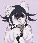 :3 alternate_species ambiguous_gender anthro black_hair blush drinking fur hair heart_eyes heart_symbol holding_object purple_body purple_eyes purple_fur scarf semi-anthro solo white_body white_fur godmaki danganronpa danganronpa_v3 fanta spike_chunsoft kokichi_oma felid feline mammal 2018