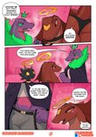 big_breasts breasts clothed clothing collar comic dialogue english_text erection female goopyarts haven_(goopyarts) hi_res huge_breasts hyper hyper_breasts kobold leash lectora_(goopyarts) male scalie text