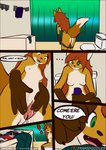 anthro bathroom bodily_fluids canid canine comic female fingering fox genital_fluids genitals hi_res kamperkiller_(artist) mammal pussy shower solo text toilet vaginal_fluids