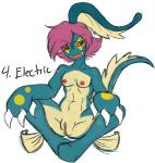 abs anthro anthrofied biped breasts feet_together female genitals looking_at_viewer nipples non-mammal_breasts non-mammal_nipples nude pokemorph pussy red_eyes simple_background sitting solo spots spread_legs spreading white_background blink_(artist) nintendo pokemon eelektross generation_5_pokemon pokemon_(species)