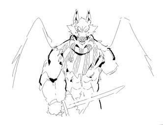 abs anthro back_wings clothing eye_scar facial_scar front_view fur grey_background holding_melee_weapon holding_object holding_sword holding_weapon looking_at_viewer male melee_weapon missing_arm mouth_closed muscular muscular_anthro muscular_male pointy_ears scar simple_background snout solo spread_wings sword topwear torn_clothing torn_topwear weapon wings kingarthur_i homestuck ms_paint_adventures jack_noir canid mammal 2024 aliasing binary_drawing black_and_white digital_drawing_(artwork) digital_media_(artwork) half-length_portrait line_art monochrome portrait