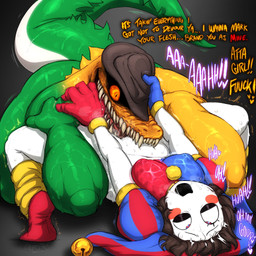 anthro athletic athletic_anthro athletic_male bent_legs big_breasts bite bodily_fluids bottomless breast_grab breasts brown_hair butt candy clothed clothing cowboy_hat creepy creepy_face cunnilingus dangerous dessert dialogue dominant dominant_anthro dominant_male drooling duo eye_roll fangs female female_human female_on_anthro food fool's_hat footwear genital_danger_play genitals gloves grin gummy_(food) hair hand_on_breast handwear hat hat_only headgear headgear_only headwear headwear_only heart_symbol human_on_anthro interspecies jester jester_outfit leg_grab looking_at_another looking_at_partner looking_pleasured lying male male/female male_anthro moan mostly_nude multicolored_body nipple_outline on_back on_front on_ground open_mouth oral orange_eyes partially_clothed possessive profanity pupils questionable_consent risky risky_sex rough_sex saliva scales scary sex shaking sharp_teeth shoes short_hair slit_pupils smile speech_bubble spread_legs spreading submissive submissive_female submissive_humanoid sweat sweaty_butt sweaty_legs sweaty_thighs tail teeth text thick_tail trembling vaginal vulva white_body white_skin wide_eyed yellow_eyes sabbasarts glitch_productions the_amazing_digital_circus evil_gummigoo_(tadc) gummigoo_(tadc) pomni_(tadc) alligator alligatorid crocodile crocodilian food_creature gummy_creature human humanoid living_candy mammal reptile scalie 1:1 2026 english_text hi_res