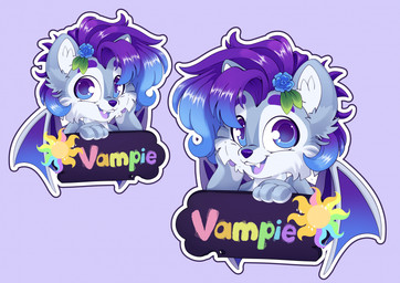 accessory ambiguous_gender anthro fangs flower flower_in_hair fur grey_body grey_fur hair hair_accessory membrane_(anatomy) membranous_wings open_mouth open_smile outline pawpads paws plant purple_background purple_nose rainbow simple_background smile solo sun teeth text white_outline wings cutepencilcase vampie_(vampielp) bat canid hybrid mammal 2024 character_badge_(artwork) character_name english_text hi_res