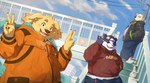 anthro clothing eyewear fur gesture glasses green_eyes group hand_gesture jacket male o3o overweight scarf smile topwear trio v_sign white_body white_fur winter_clothing yellow_body yellow_fur o3o_luri lifewonders tokyo_afterschool_summoners alp_(tas) cu_sith_(tas) leib_(tas) bear canid canine canis domestic_dog giant_panda mammal polar_bear ursine absurd_res hi_res