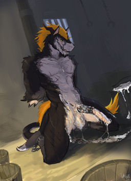4_toes abs after_sex animal_genitalia animal_penis anthro balls bdsm biceps biped black_body black_fur bodily_fluids bondage bound bucket chain chained claws container cuff_(restraint) cum cum_collecting cum_in_bucket cum_in_container cum_on_balls cum_on_belly cum_on_body cum_on_fur cum_on_penis digitigrade drooling dungeon equine_genitalia equine_penis fantasy feet forced forced_orgasm fur genital_fluids genitals half-erect hands_behind_back horn kneeling looking_pleasured male messy muscular muscular_anthro muscular_male nude orange_body orange_fur orgasm pecs penile penis penis_milking pole prisoner restrained restraints rope saliva scar shackles solo spreading submissive submissive_male tail teeth toes white_body white_fur yellow_eyes laobai mythology bai_(laobai) dragon felkin furred_dragon furred_scalie mammal mythological_creature mythological_scalie scalie hi_res