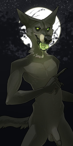 anthro bodily_fluids drooling flaccid full_moon gangly genitals gesture glowing glowing_eyes glowing_saliva glowing_tongue green_eyes hand_gesture male moon penis pointing saliva solo teeth tongue unusual_bodily_fluids unusual_saliva sowod canid canine mammal hi_res