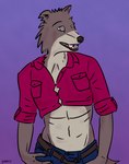 anthro belt bottomwear brown_body clothing countershading denim denim_bottomwear denim_clothing female gradient_background jeans pants pockets purple_eyes simple_background smile solo sylvestrix beastars juno_(beastars) canid canine canis mammal wolf absurd_res hi_res