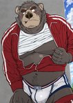 anthro belly black_body black_fur blush bodily_fluids bulge clothing fur humanoid_hands kemono male moobs nipples outside overweight overweight_anthro overweight_male solo sweat underwear ryuta-h bear mammal 2021 hi_res