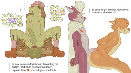 anal anthro anus balls bodily_fluids butt cape clothing erection facesitting floppy_ears footwear foreskin fur genitals group hat headgear headwear hot_dogging long_socks male male/male mostly_nude nipples nude nude_anthro nude_male obscured_eyes oral orange_body orange_fur penis pointy_ears purple_body purple_fur rimming rimming_male sex shoes sitting_on_another spiral spiral_eyes sweat sweatdrop text top_hat scottdeer sherlock_hound_(series) moriarty_(sherlock_hound) sherlock_hound smiley_(sherlock_hound) todd_(sherlock_hound) canid canine canis domestic_dog fox mammal wolf english_text hi_res