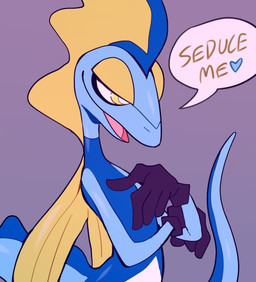 ambiguous_gender anthro dialogue gesture hand_gesture heart_symbol nude pointing pointing_at_viewer seductive solo text bongwater777 nintendo pokemon generation_8_pokemon inteleon pokemon_(species) english_text hi_res