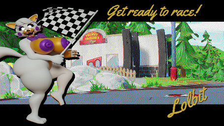 anthro autograph big_breasts big_butt big_nipples bow_tie breasts building butt character_signature checkered checkered_flag ear_piercing ega female fence flag flag_(object) forest gesture glowing glowing_eyes happy nipples on_one_leg orange_breasts piercing pizzeria plant pose poster purple_bow_tie purple_nipples racetrack racing solo standing thick_thighs tree waving waving_at_viewer mr.bootylover five_laps_at_freddy's five_nights_at_freddy's five_nights_at_freddy's_world scottgames lolbit_(fnaf) canid canine fox mammal 16:9 alternate_version_at_source dithering pinup wallpaper widescreen
