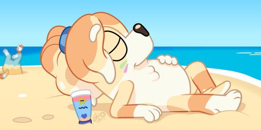 beach female group lying on_back sand seaside solo_focus sunbathing sunscreen trio dm29 bluey_(series) frisky_(bluey) radley_heeler australian_cattle_dog avian bird bird_dog canid canine canis cattledog domestic_dog english_cocker_spaniel gull herding_dog hunting_dog lari larid mammal pastoral_dog spaniel
