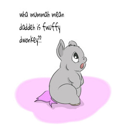 ambiguous_feral ambiguous_gender baby_talk black_eyes dialogue feral fur grey_body grey_fur hooves neonate open_mouth pink_tail side_view simple_background sitting solo tail text young young_ambiguous young_feral carpdime fluffy_pony fluffy_pony_(species) mammal digital_media_(artwork) english_text shaded
