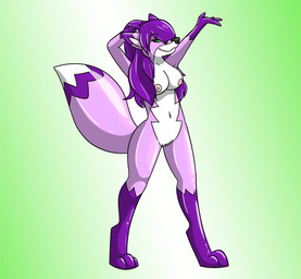 after_transformation anthro breasts closed_smile digitigrade female genitals glistening glistening_body green_background hair happy latex latex_body mouth_closed nipples purple_body purple_hair simple_background smile solo standing tail vulva fox0808 canid canine fox mammal 2015 colored digital_drawing_(artwork) digital_media_(artwork)