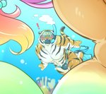 2019 anthro blush clothed clothing countershading diving duo exclamation_point felid giraffe_(artist) lam-chan lion-san male mammal muscular muscular_male pantherine snorkel solo_focus speedo swimming swimwear tiger underwater water