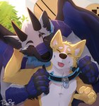 anthro big_dom_small_sub collar collaring dominant duo fur male male/male membrane_(anatomy) membranous_wings muscular muscular_male nuzzling size_difference wings pache_riggs mythology jumper_(character) kayne_ein kayne_ein_(character) canid canine canis domestic_dog dragon furred_dragon furred_scalie mammal mythological_creature mythological_scalie scalie shiba_inu spitz absurd_res hi_res