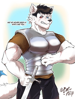 anthro arm_scar armor black_hair bottomwear breastplate clothing eyebrows facial_scar fur hair heterochromia male melee_weapon muscular muscular_anthro muscular_male pants scar shirt snout solo sword tail topwear weapon white_body white_fur cat_niip danny_smoke_in_furry_land marshall_the_wolf canid canine canis mammal wolf 3:4 hi_res
