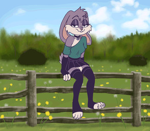 4_toes anthro black_pawpads blue_sky bottomwear calm cheek_tuft claws clothed clothing cloud cloudy_sky collar dandelion facial_tuft feet female fence field finger_claws fingerless_gloves flower footwear fur gloves grass grey_body grey_fur handwear inner_ear_fluff jewelry legwear long_ears meadow necklace off_shoulder_shirt outside pawpads paws peaceful plant plantigrade purple_body purple_fur relaxing shirt short_fur sitting sitting_on_fence skirt sky socks soles solo sunny_day t-shirt tail thigh_highs toe_claws toeless_footwear toeless_socks toes topwear tree tuft visible_tail white_body white_fur wood wood_fence unknown_artist violet_bunny lagomorph leporid mammal rabbit animated digital_media_(artwork) loop short_playtime