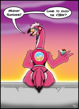 beak beverage big_butt black_border border butt can clothing container dialogue electronics femboy headphones long_neck looking_at_viewer male rear_view sitting solo sunrise synthwave talking_to_viewer text thong underwear skianous arizona_iced_tea beau_(skianous) avian bird flamingo english_text hi_res shaded