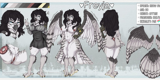 4_fingers anthro back_wings beak breasts eyewear female fingers glasses hair nipples nude prosthetic prosthetic_arm prosthetic_limb solo wings oonakuni freyja_(jesolitheavali) avian bird horned_owl owl snowy_owl true_owl absurd_res hi_res model_sheet