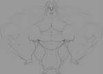 abs big_muscles bulge clothing detailed_bulge fangs fingers genital_outline hair huge_muscles hyper hyper_muscles looking_down male muscular muscular_male penis_outline solo teeth thong underwear sbshouseofpancakes cartoon_network summer_camp_island max_(sci) bat mammal 2022 digital_media_(artwork) greyscale monochrome